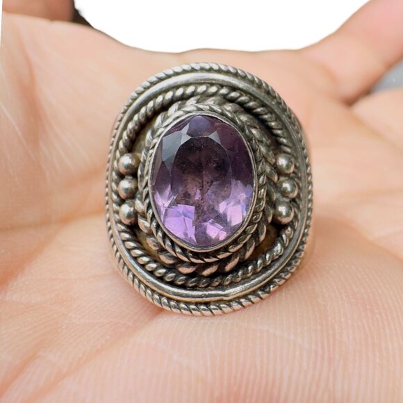 Amethyst Faceted Oval Vintage Ring Sterling 925 Silver Size 8.5 - Picture 2 of 9